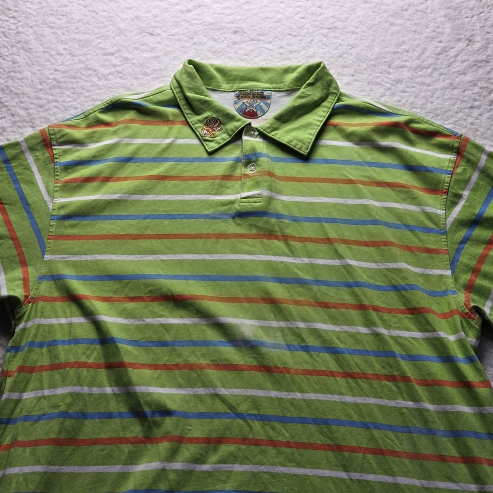 Miskeen Polo Shirt Mens 2XL Green Multicolor Stripe Character Graphic Cotton Top